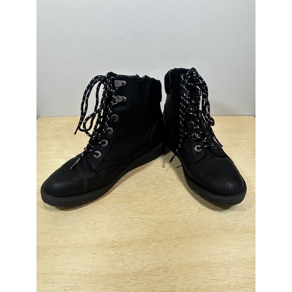 Blowfish Malibu Kids Black Faux Leather Knit Collar Combat Boots B152 Size 4